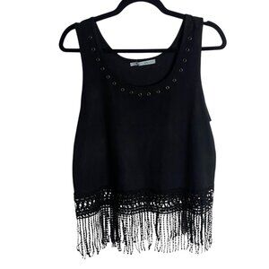 Maurice's Size Large Black Cropped Faux Suede Fringe Garment Tank Top Festival